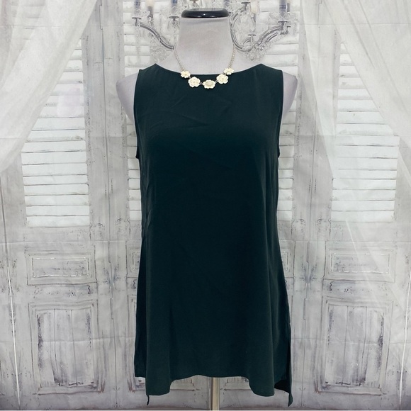 Eileen Fisher XS Ivy Green Bateau Neck Long Shell Silk Georgette Tank Top Silk